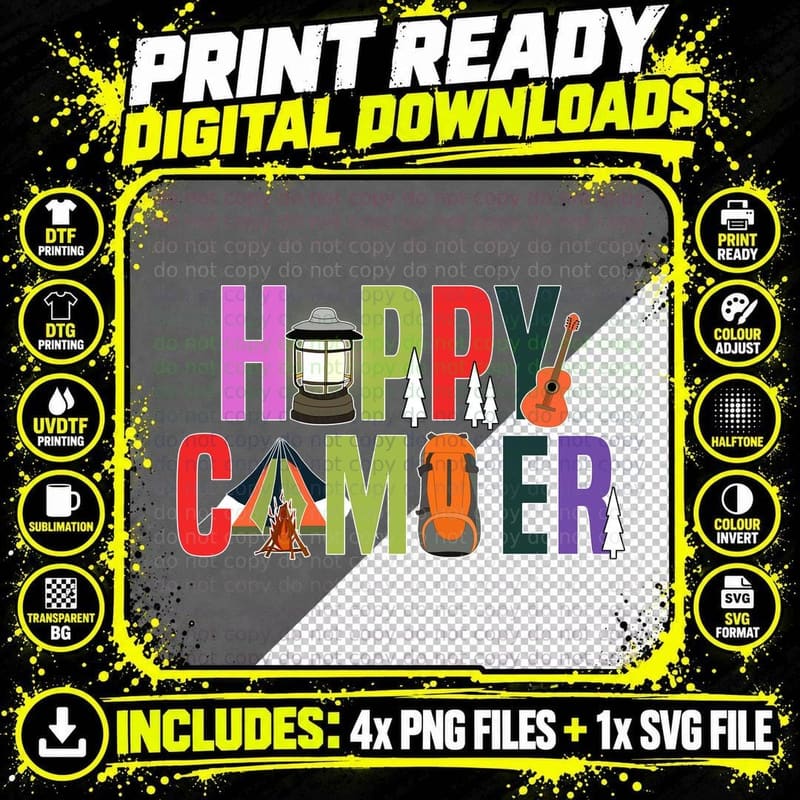 Happy Camper Camping T-Shirt, Camping Adventure Elements Png SVG Digital Bundle
