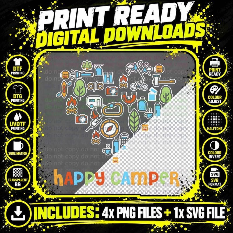 Happy Camper Camping T-Shirt, Camping Gear Heart Shape Png SVG Digital Bundle