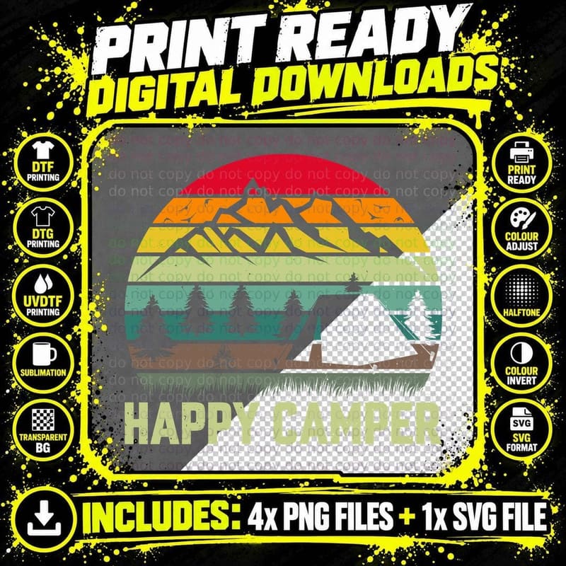 Happy Camper Camping T-Shirt, Camping Sunset Silhouette Png SVG Digital Bundle