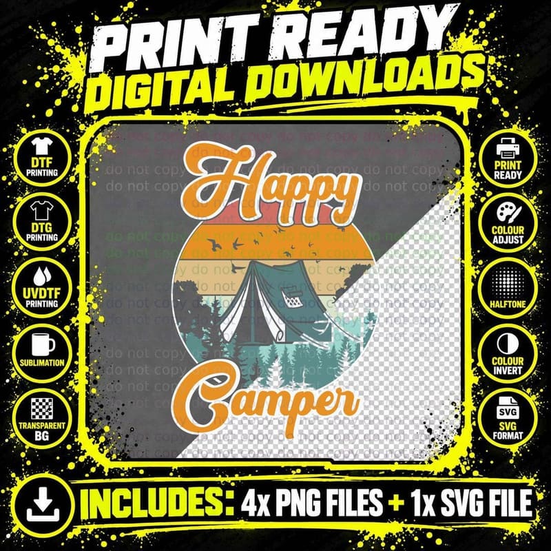 Happy Camper Camping T-Shirt, Camping Tent Silhouette Png SVG Digital Bundle