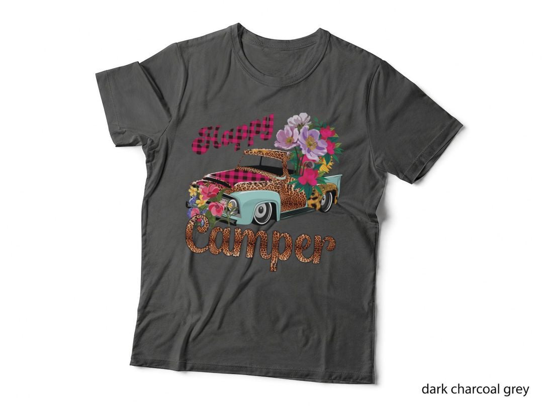 Happy Camper Camping T-Shirt, Leopard Print Truck with Flowers Graphic Tee