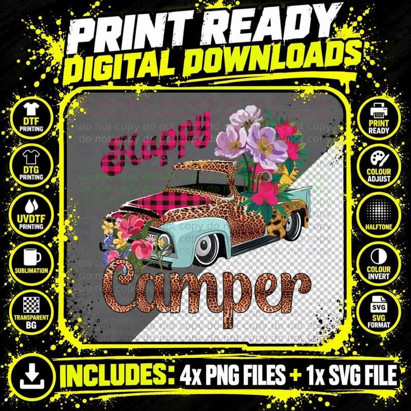 Happy Camper Camping T-Shirt, Leopard Print Truck with Png SVG Digital Bundle