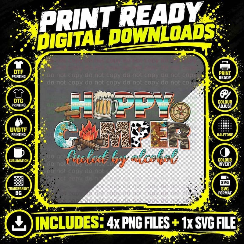 Happy Camper Fueled by Alcohol Outdoor Adventure T-Shirt Png SVG Digital Bundle