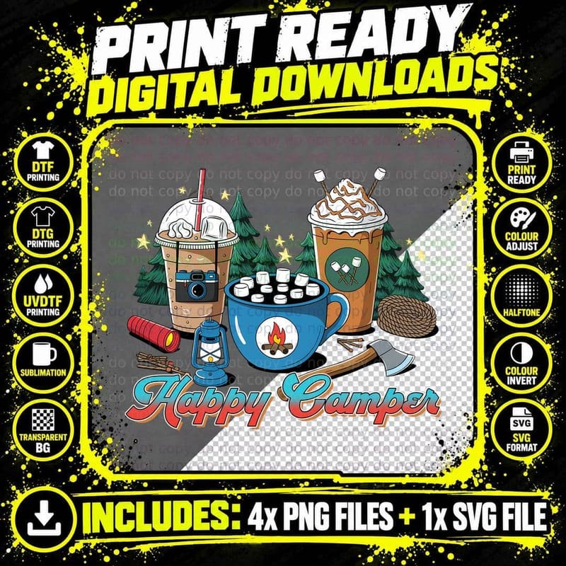 Happy Camper Outdoor Adventure T-Shirt Png SVG Digital Bundle