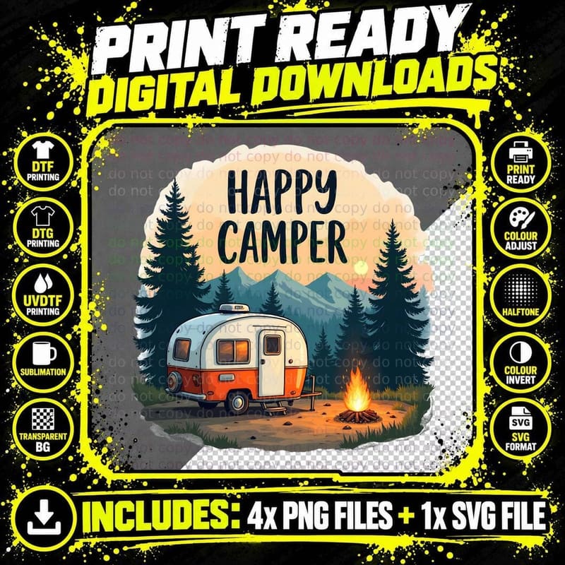 Happy Camper Outdoor Adventure T-Shirt Png SVG Digital Bundle