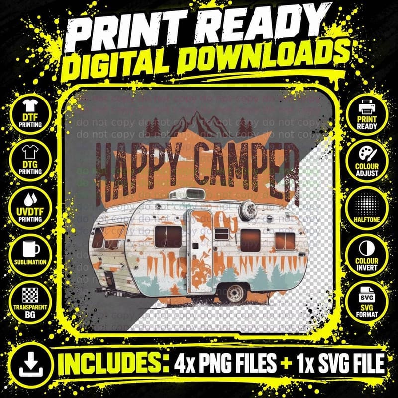 Happy Camper Outdoor Adventure T-Shirt Png SVG Digital Bundle