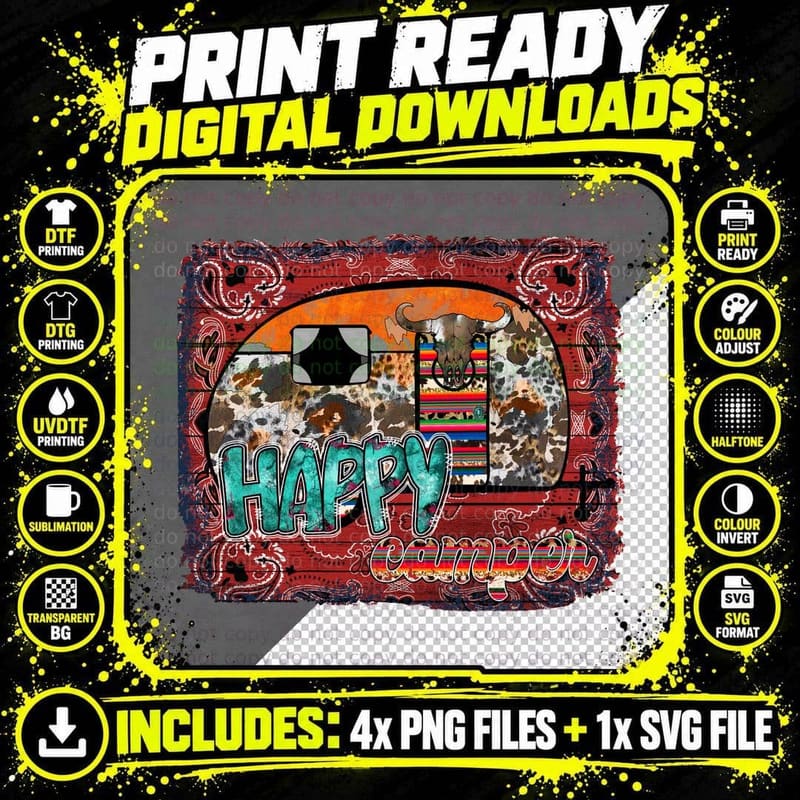 Happy Camper Outdoor Adventure T-Shirt Png SVG Digital Bundle