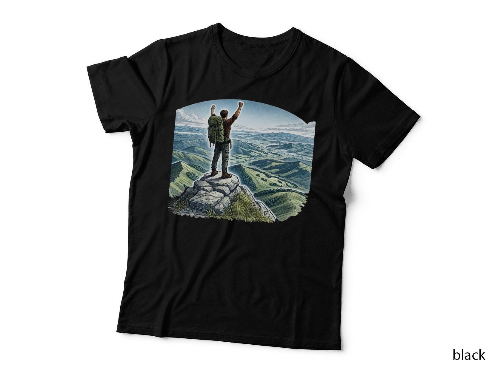 Hiker on Mountain Peak Celebrating Outdoor Adventure T-Shirt