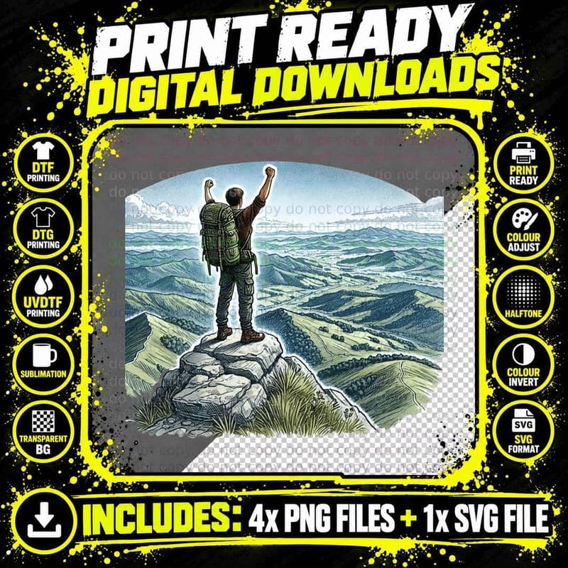 Hiker on Mountain Peak Celebrating Outdoor Adventure Png SVG Digital Bundle