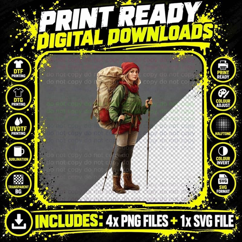 Hiker with Backpack and Poles Camping T-Shirt Png SVG Digital Bundle
