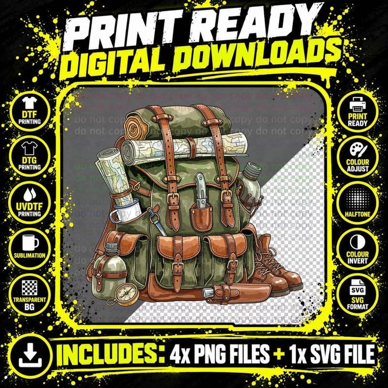 Hiking Backpack with Gear Outdoor Adventure T-Shirt Png SVG Digital Bundle