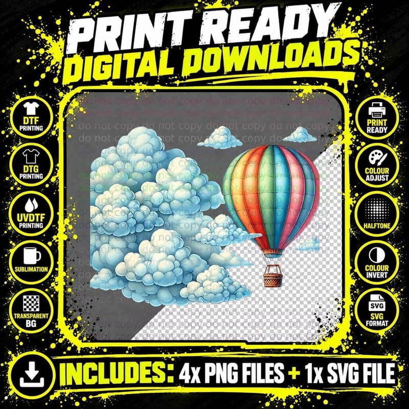 Hot Air Balloon Amidst Fluffy Clouds Outdoor Adventure Png SVG Digital Bundle