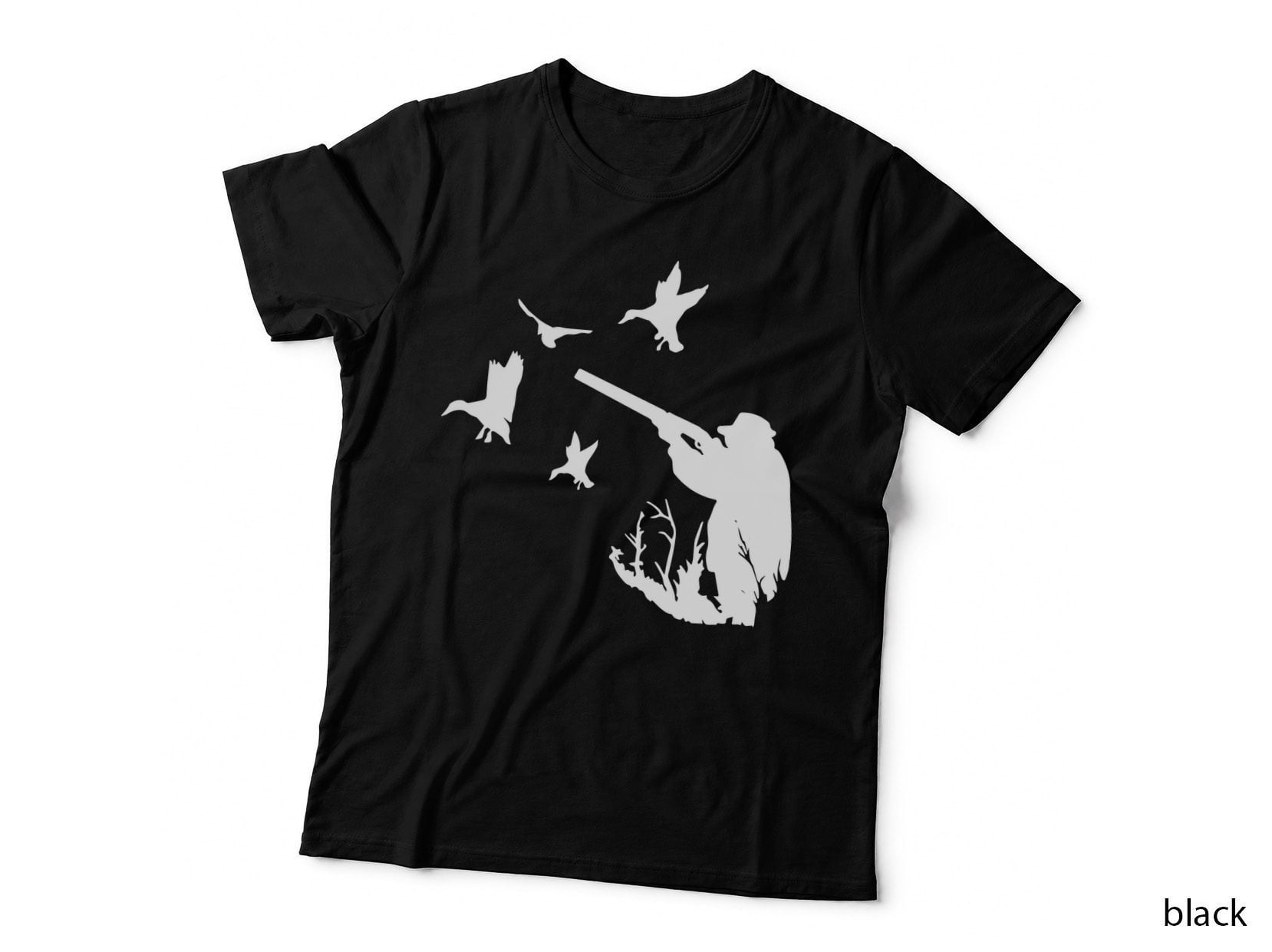 Hunter Shooting at Flying Birds Outdoor T-Shirt, Nature Adventure Graphic Tee