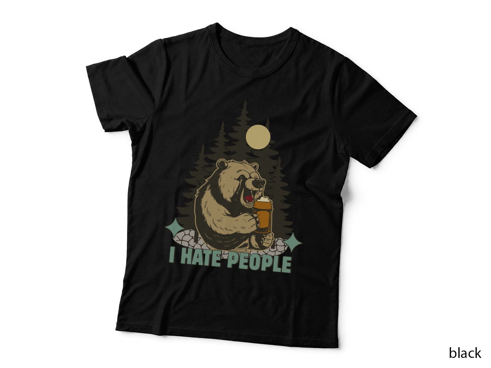 I Hate People Camping T-Shirt, Grizzly Bear Drinking Beer in Forest Graphic Tee