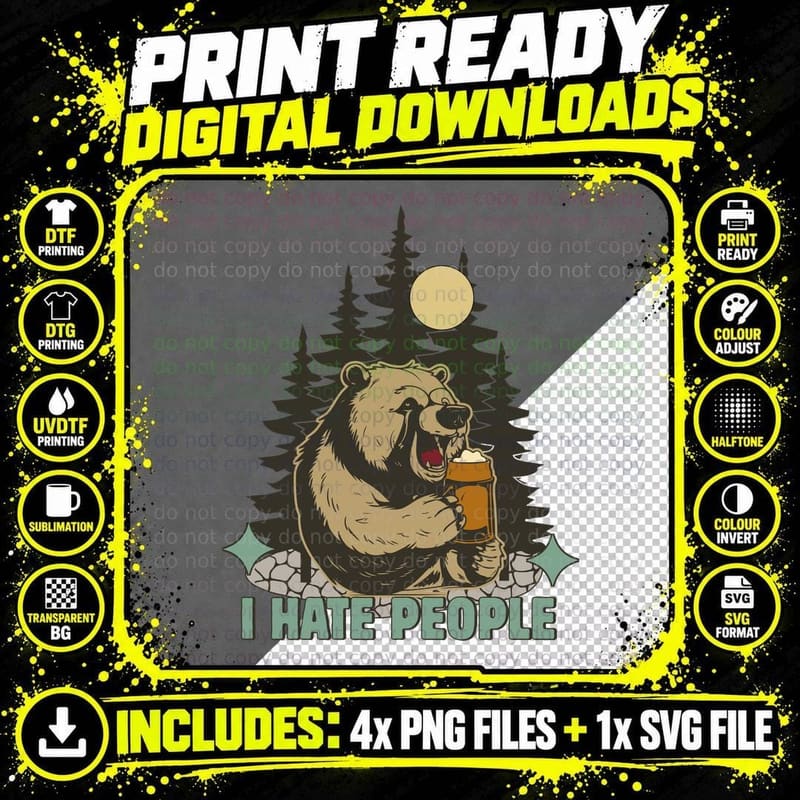 I Hate People Camping T-Shirt, Grizzly Bear Drinking Png SVG Digital Bundle