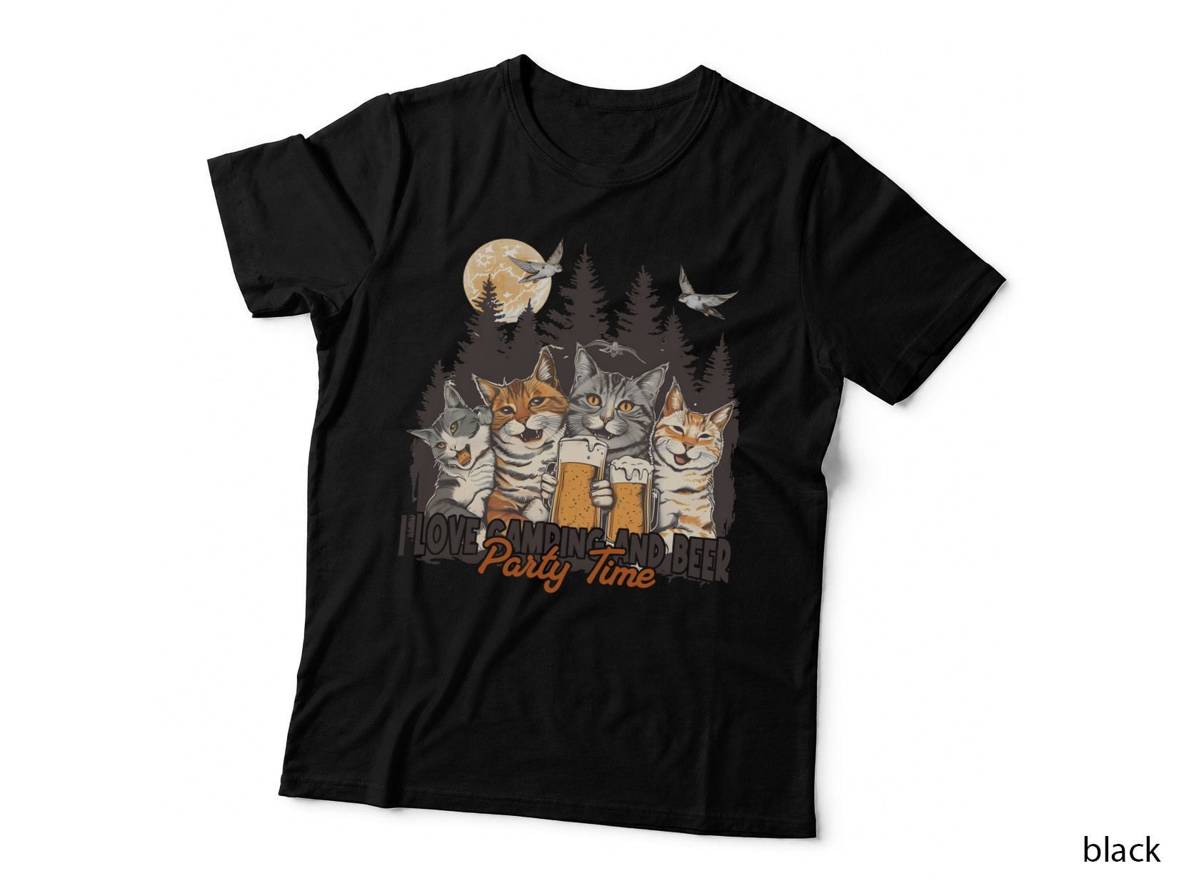 I Love Camping and Beer Party Time Cat T-Shirt, Cats Holding Beer in Forest