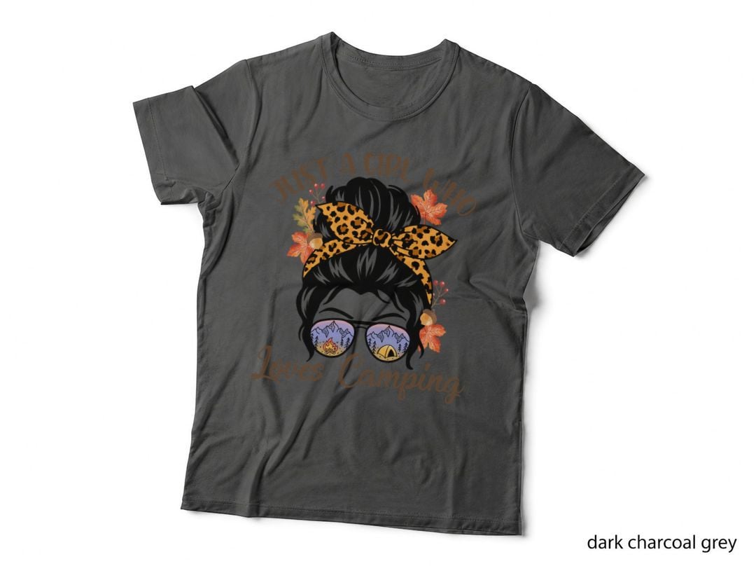 Just a Girl Who Loves Camping T-Shirt, Girl's Hair in Bun with Leopard