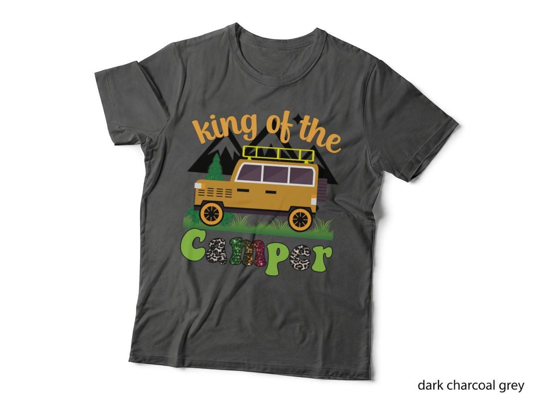 King of the Camper Camping T-Shirt, Camper Vehicle with Tree on Roof Graphic
