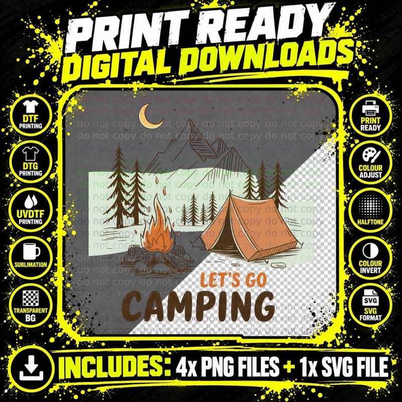 Let's Go Camping T-Shirt, Camping Night Scene with Tent Png SVG Digital Bundle