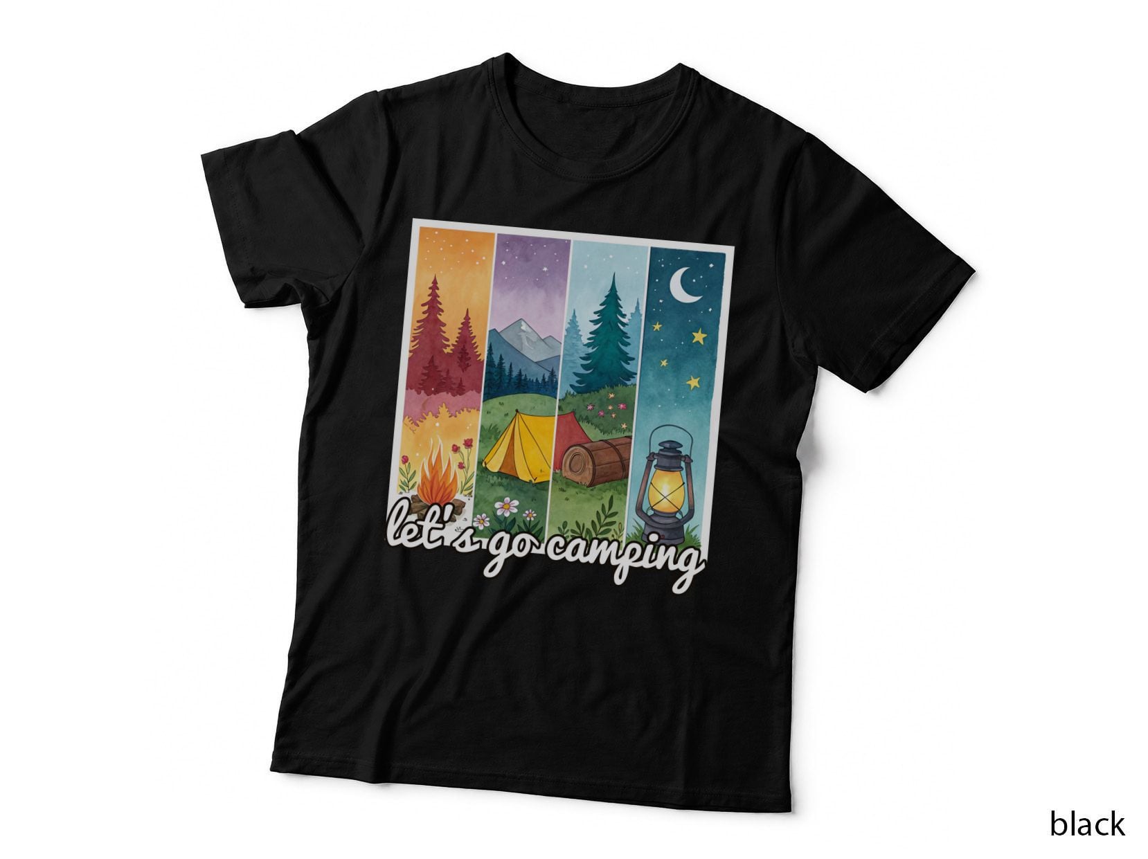 Let's Go Camping T-Shirt, Camping Night Scenes with Campfire Graphic