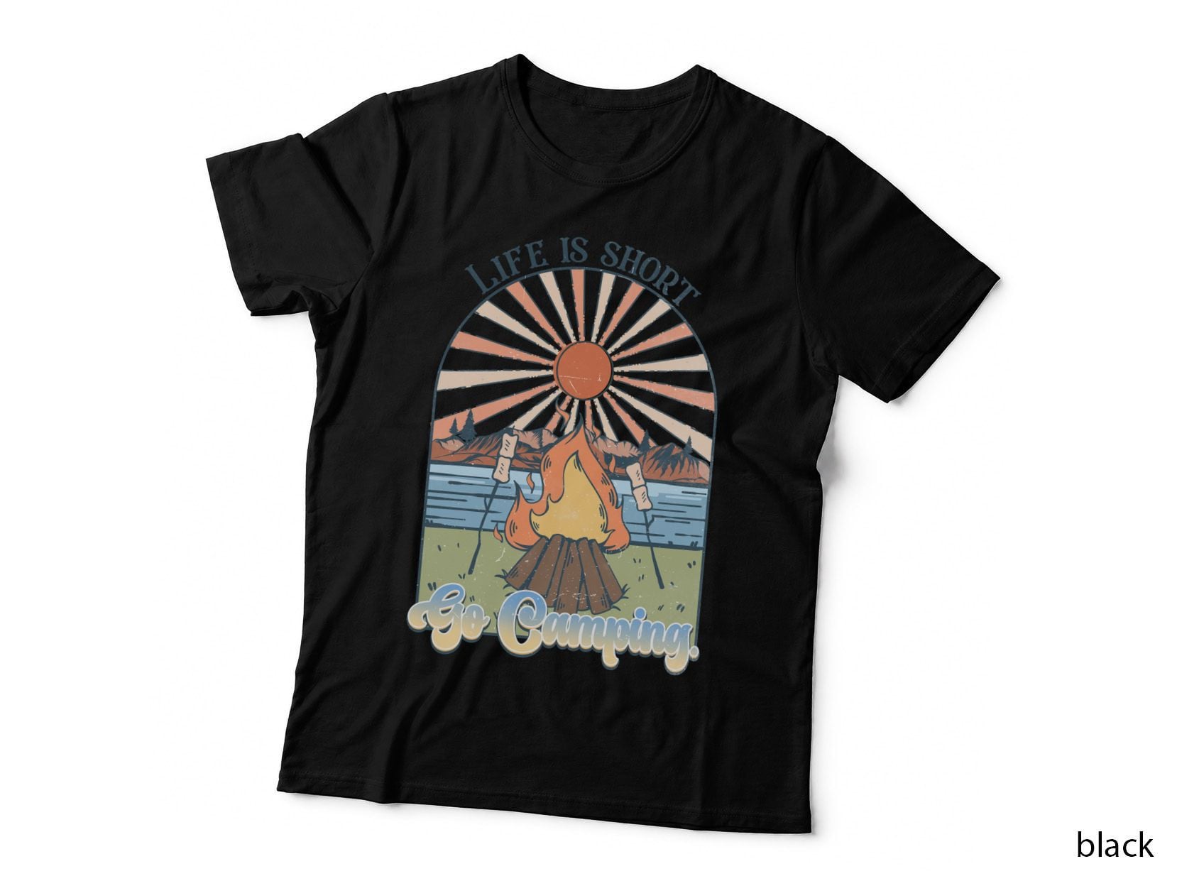 Life Is Short Go Camping. Camping T-Shirt, Campfire at Sunset with Marshmallows