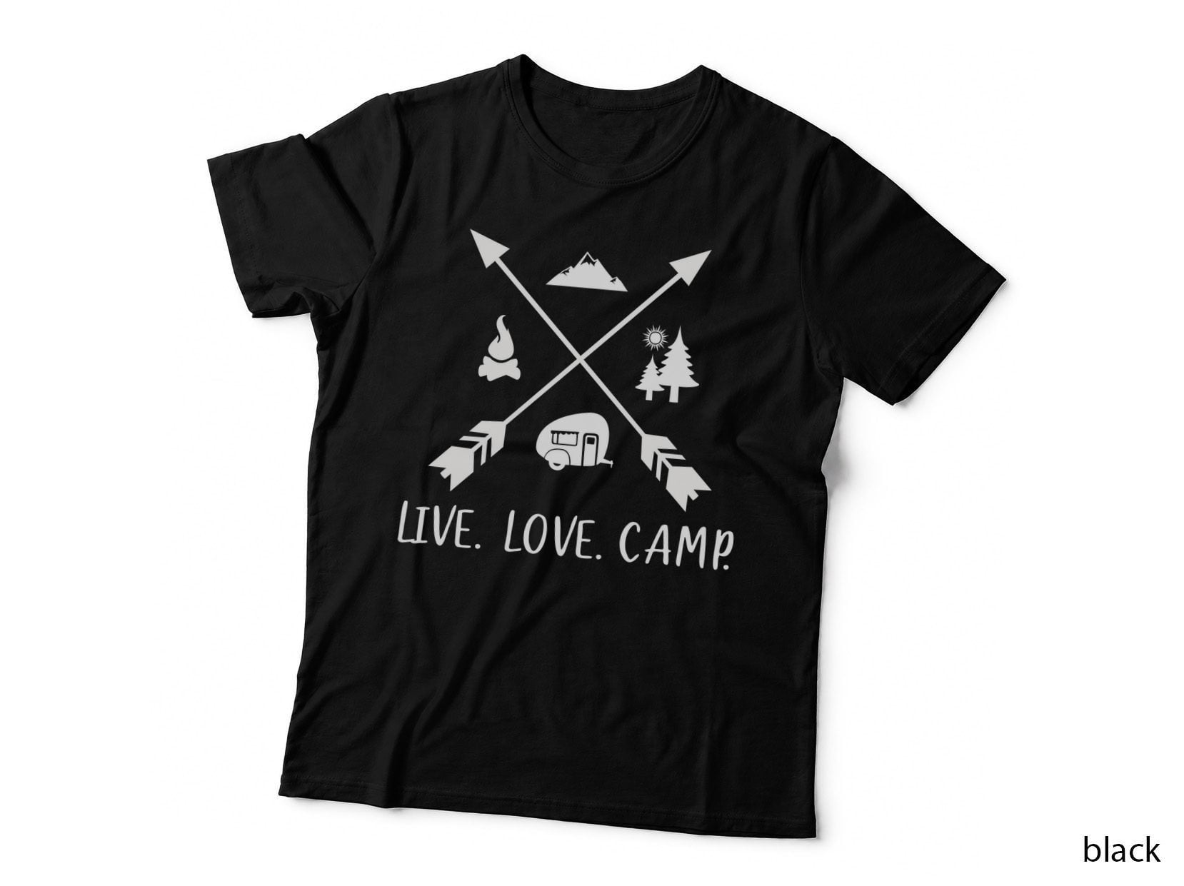 Live. Love. Camp. T-Shirt, Camping Icons Compass Arrows Outdoor Adventure Tee