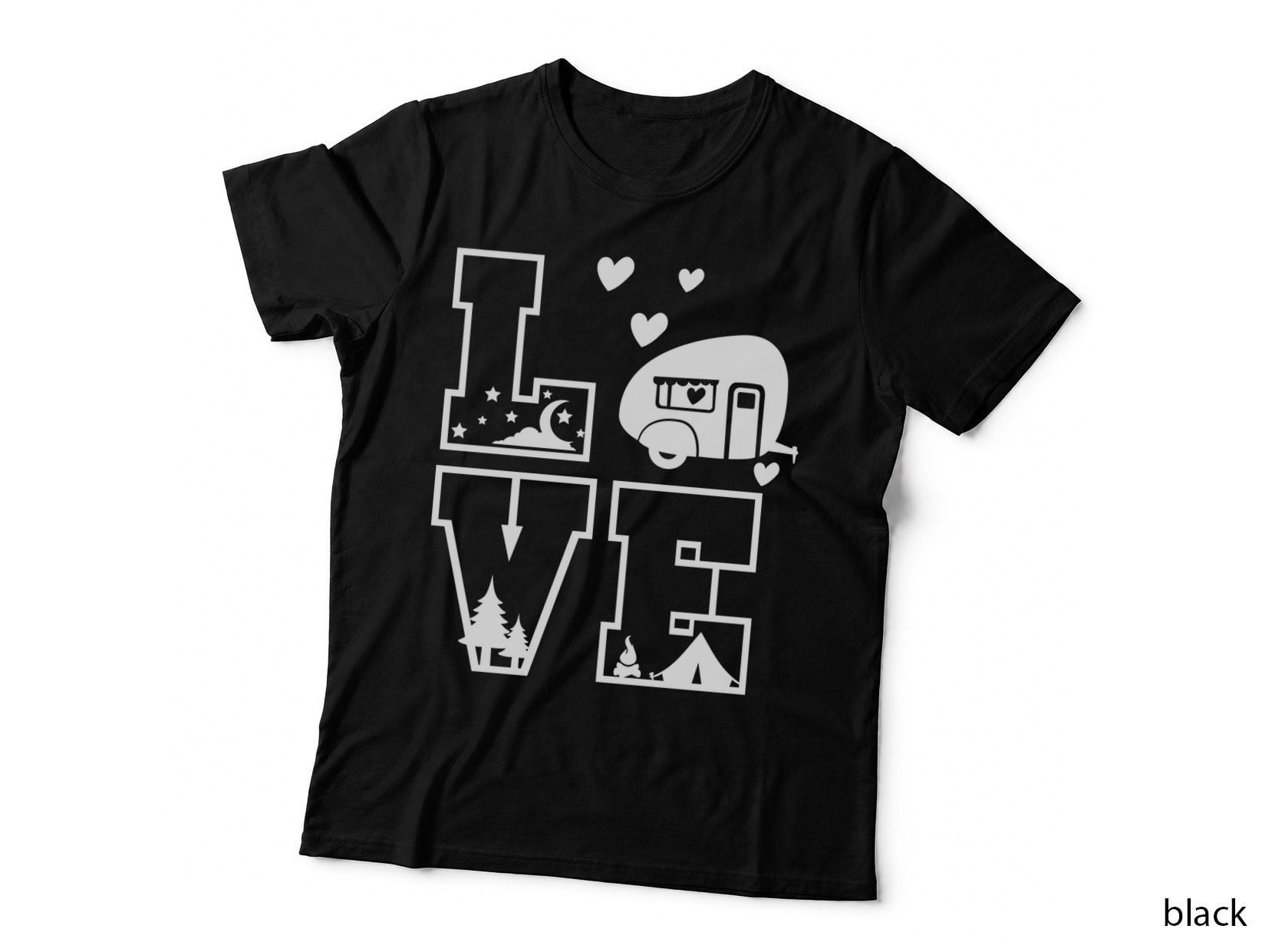 Love Camping T-Shirt, RV Camper Adventure Hearts Outdoor Adventure Tee