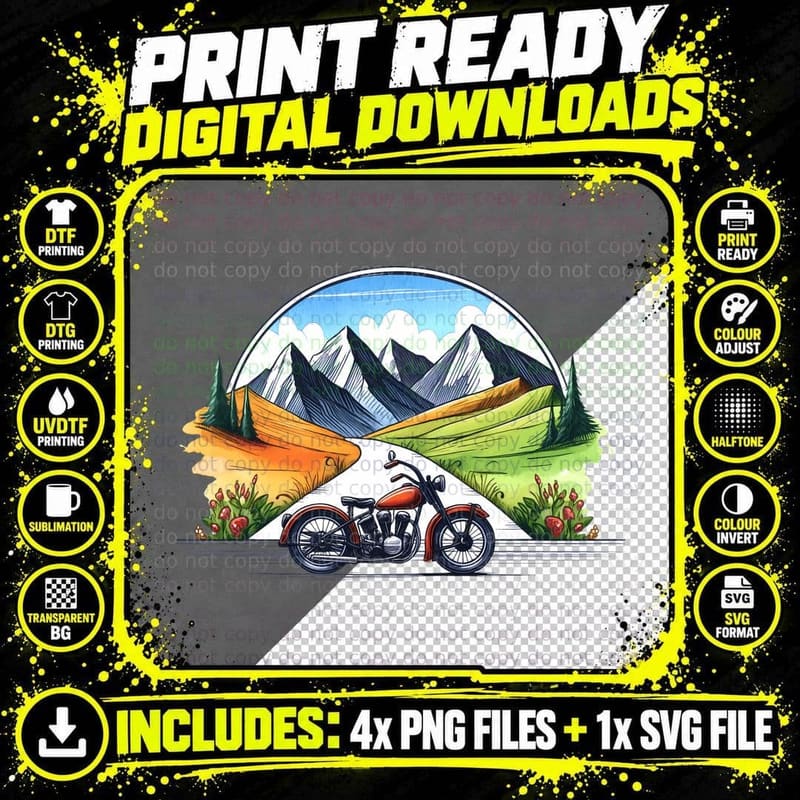 Motorcycle Journey Through Mountain Landscape Camping Png SVG Digital Bundle