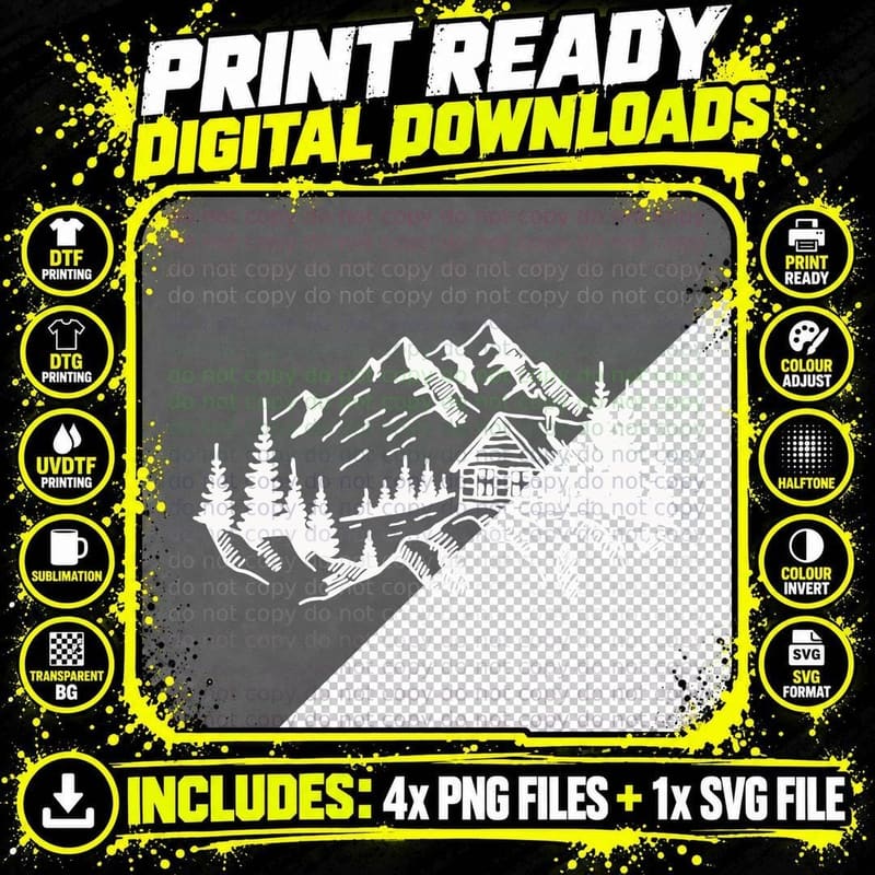 Mountain Cabin Forest Scene Outdoor T-Shirt Png SVG Digital Bundle