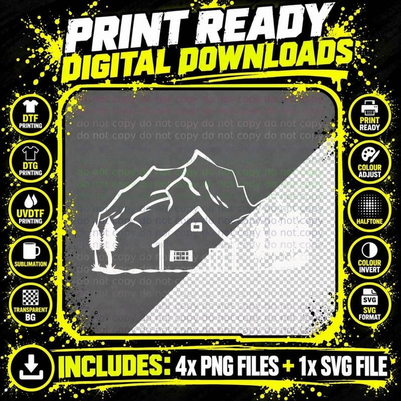 Mountain Cabin Silhouette T-Shirt, Trendy Graphic Tee Png SVG Digital Bundle