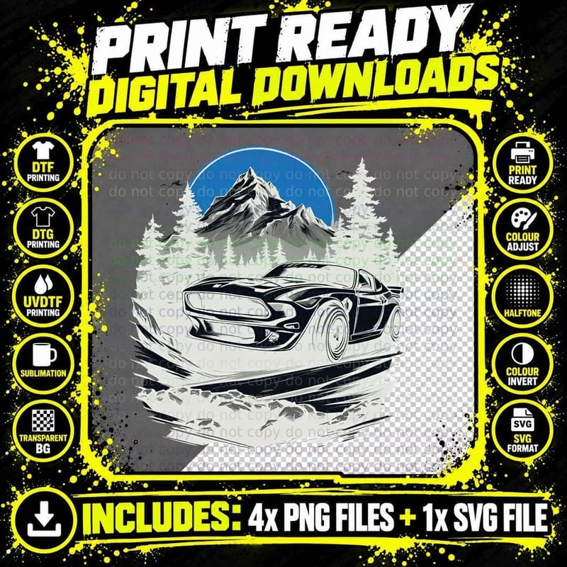 Mountain Car Silhouette Sunset Retro Vintage Halftone Png SVG Digital Bundle