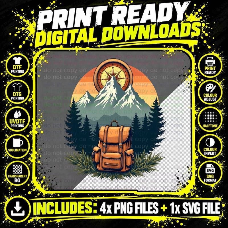 Mountain Compass Backpack Sunset Outdoor Adventure Png SVG Digital Bundle