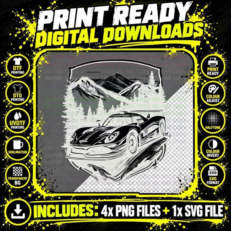 Mountain Corvette Grey Sports Car Landscape Scenic Png SVG Digital Bundle
