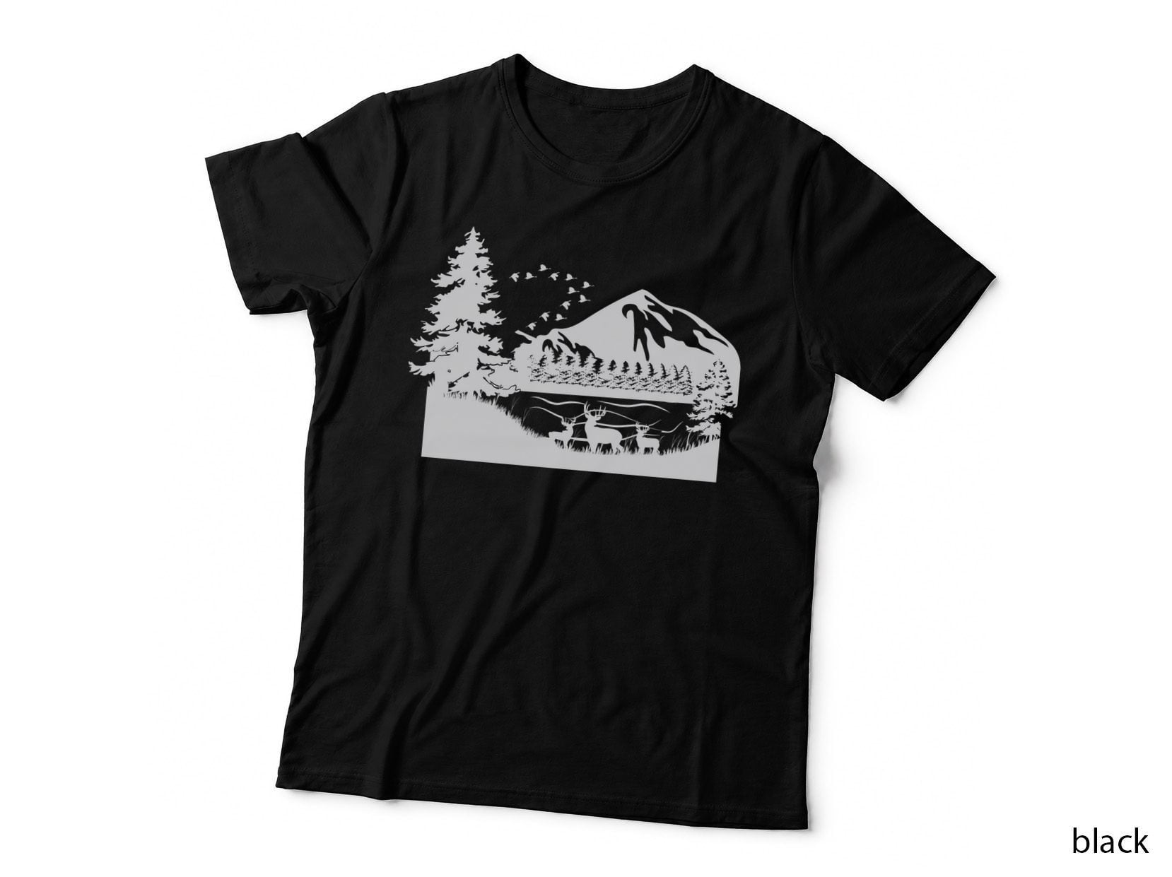 Mountain Deer Forest Birds Landscape T-Shirt, Landscape Graphic Tee