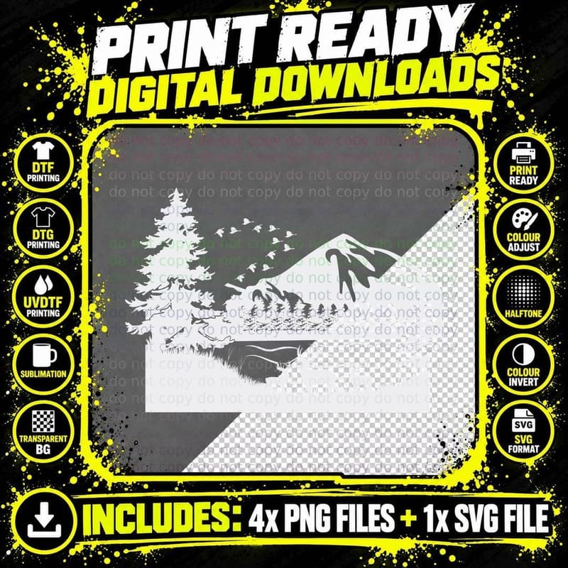 Mountain Deer Forest Birds Landscape T-Shirt Png SVG Digital Bundle