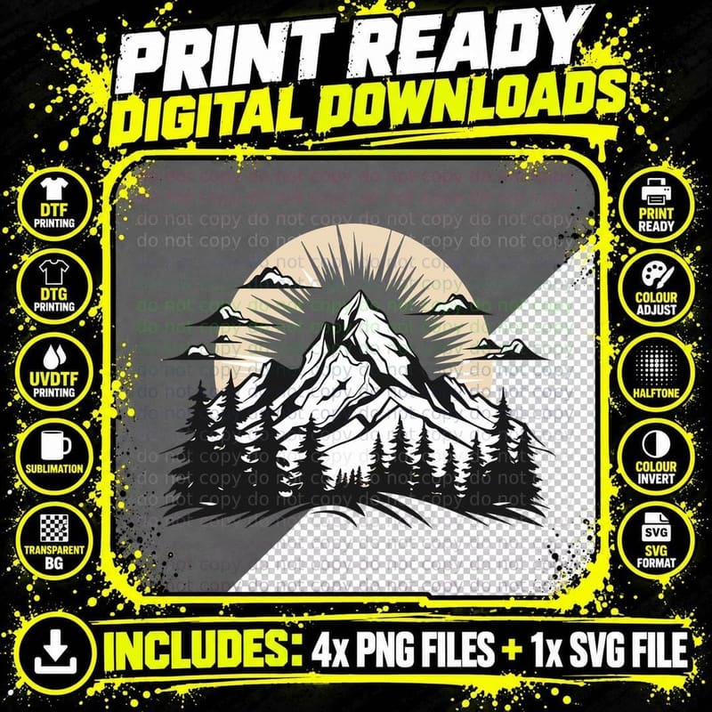Mountain Forest with Sun Rays Outdoor T-Shirt Png SVG Digital Bundle
