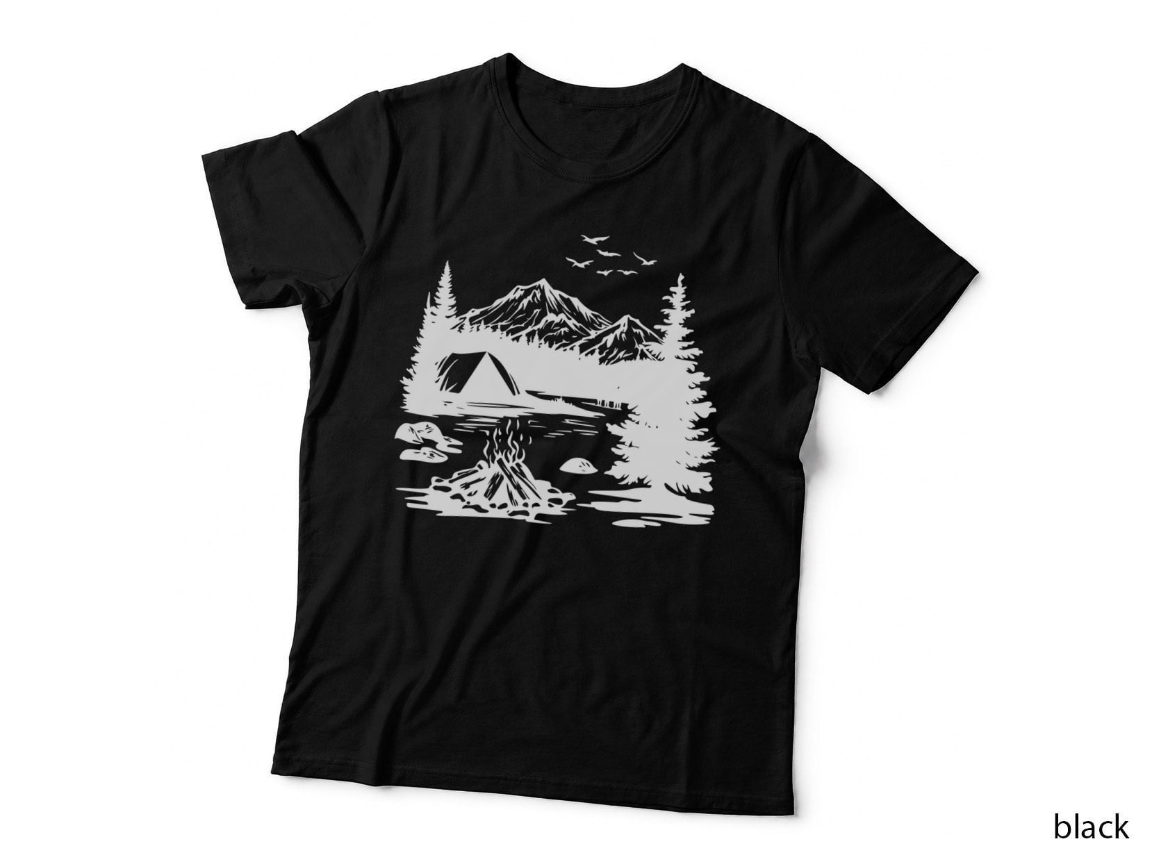 Mountain Lake Campfire Tent Trees Landscape T-Shirt, Landscape Graphic Tee