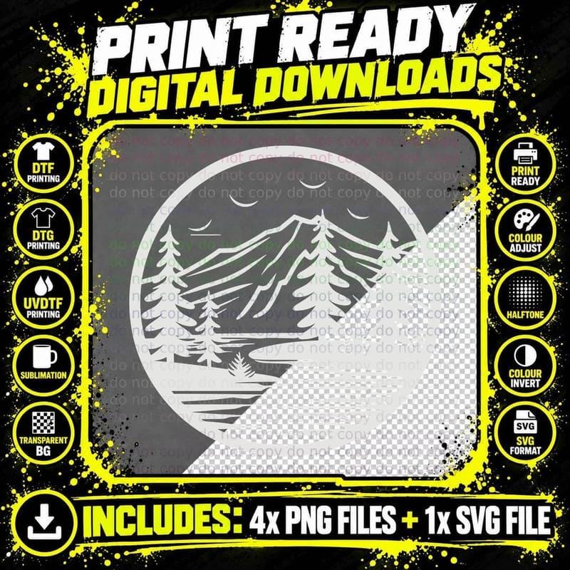 Mountain Lake Night Scene Forest T-Shirt Png SVG Digital Bundle