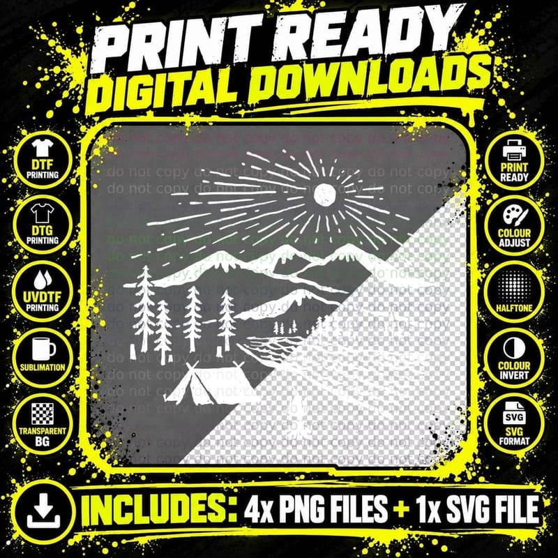 Mountain Landscape Forest Campsite Sunset Silhouette Png SVG Digital Bundle