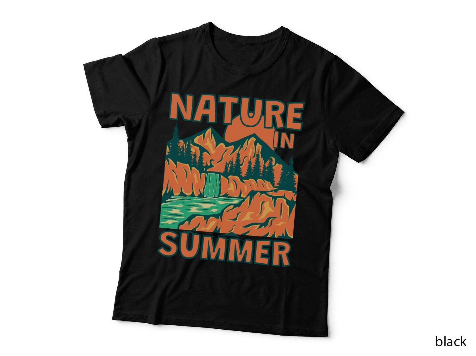 Mountain Landscape Summer Nature in Orange Mountains with Waterfall T-Shirt
