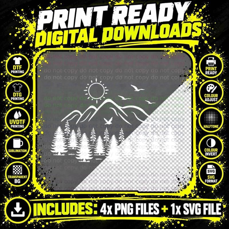 Mountain Landscape Sun Birds Forest Outdoor T-Shirt Png SVG Digital Bundle