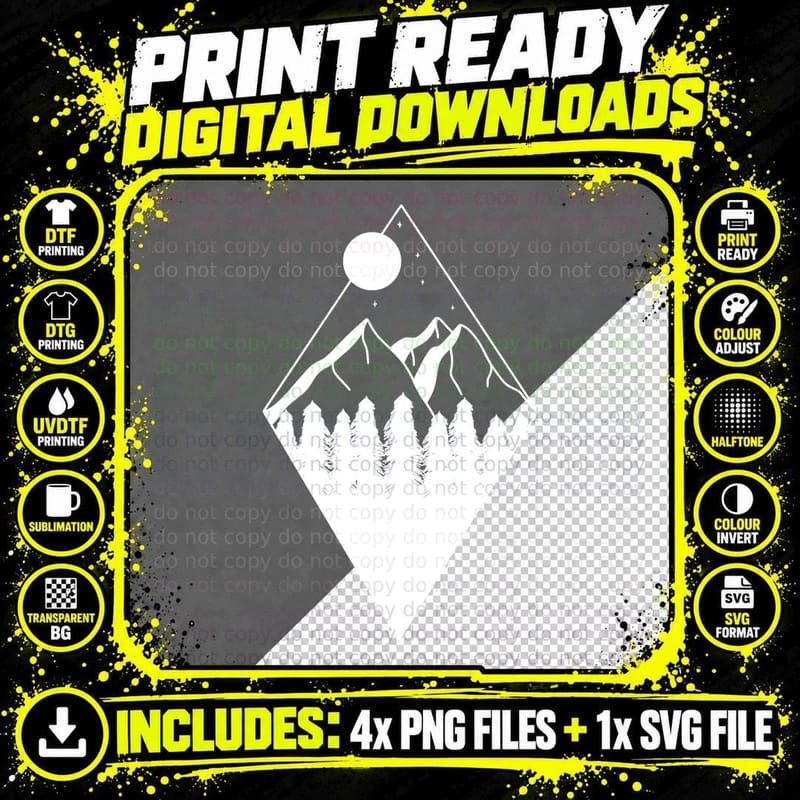 Mountain Night Forest Silhouette Landscape T-Shirt Png SVG Digital Bundle