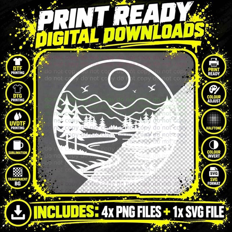 Mountain Peak Forest Outline Outdoor T-Shirt Png SVG Digital Bundle