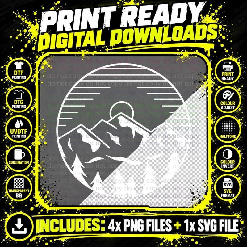 Mountain Peak Silhouette with Sun Landscape T-Shirt Png SVG Digital Bundle