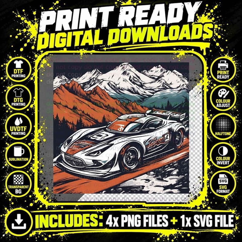 Mountain Racer Orange White Race Car Night Mountains Png SVG Digital Bundle