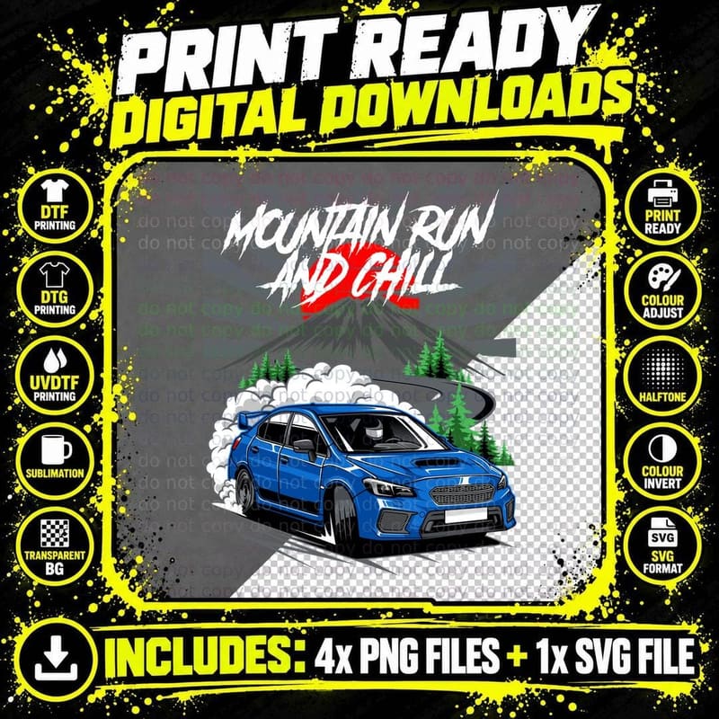 Mountain Run and Chill Blue Subaru Sti Landscape Png SVG Digital Bundle