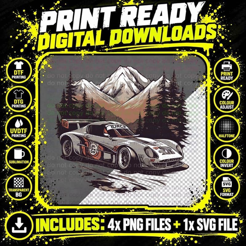 Mountain Vintage Sprint White Red Race Car Forest T-Shirt Png SVG Digital Bundle