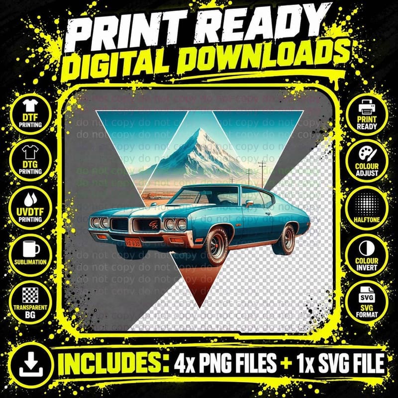 Muscle Car Blue Mountain Scenic Backdrop T-Shirt Png SVG Digital Bundle
