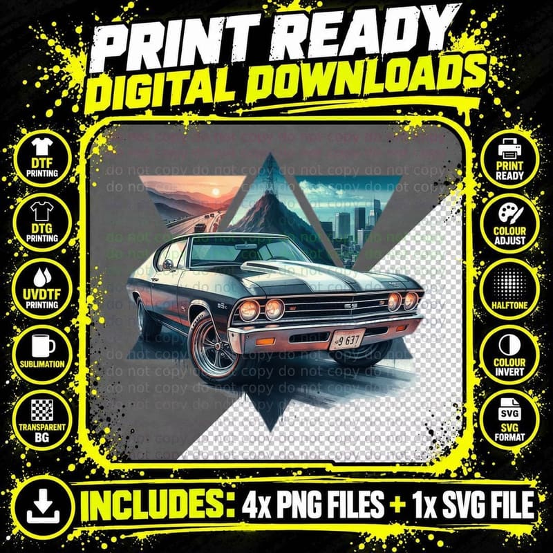Muscle Car Mountain Geometric Triangle Vintage Retro Png SVG Digital Bundle