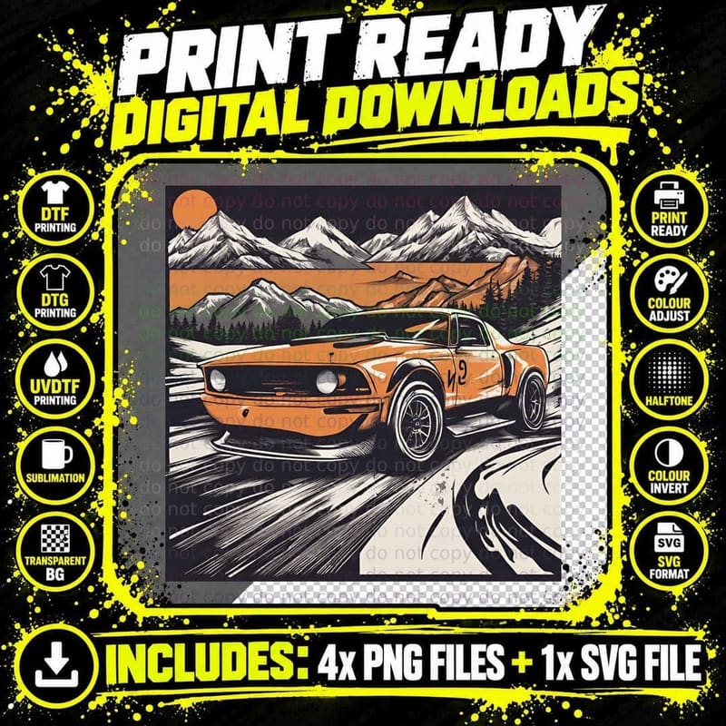 Mustang Mountain Legend Orange Muscle Car Number 9 Png SVG Digital Bundle